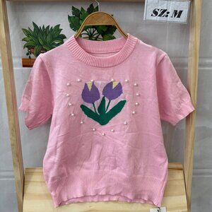 Pink Tulip Pearl Detail Knit Top Cute Floral Sweater Tee